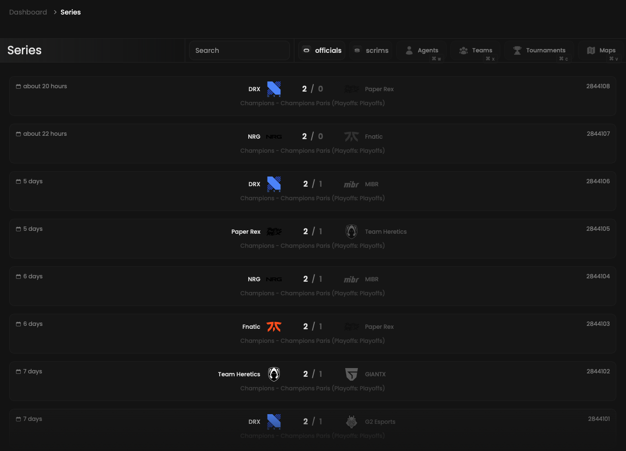 Matches list