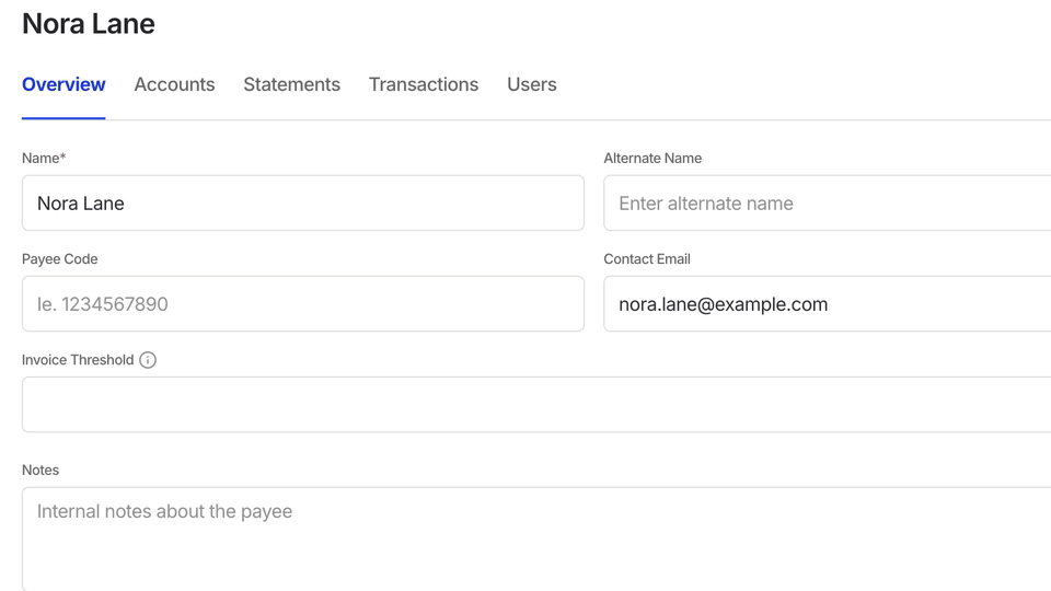 Open Nora Lane's Users tab and enter Sam Carter's details in the Add Payee User form