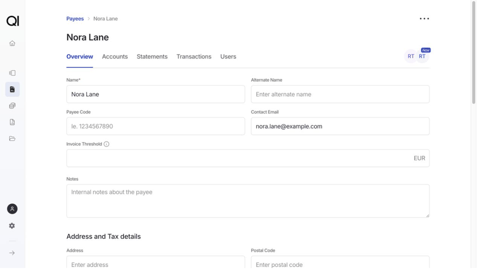 Complete Nora Lane's billing details and save Self-Billing Auto.