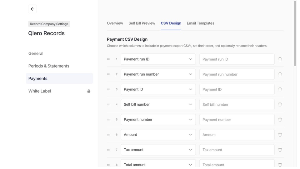 Remove a payment export column, rename a header, and save the layout.