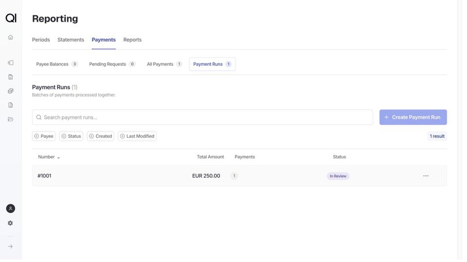 Open a payment run and download its payments as a CSV file.
