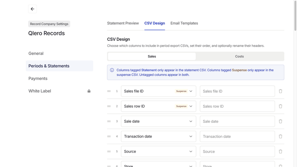 Rename the Sale date header, move it to the first column, and save the Sales CSV layout.