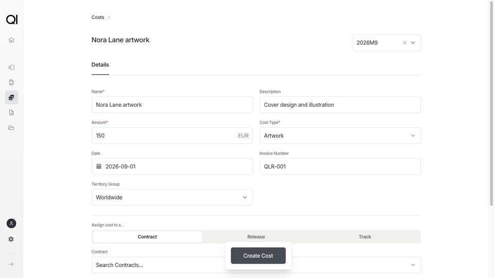 New Cost form showing the amount, type, date, territory, and assignment fields.