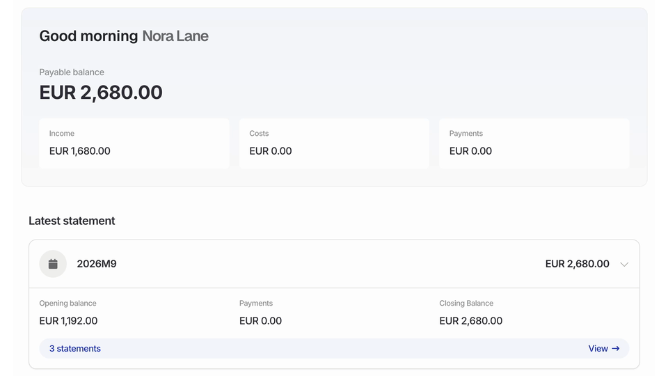 Check the payable balance and expand a period to see its opening balance, payments, and closing balance.