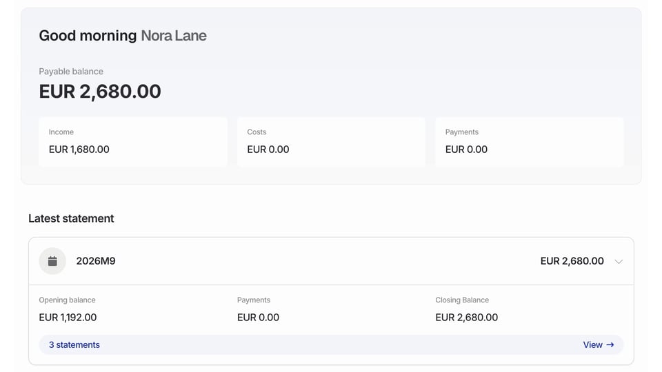 Check the payable balance and expand a period to see its opening balance, payments, and closing balance.