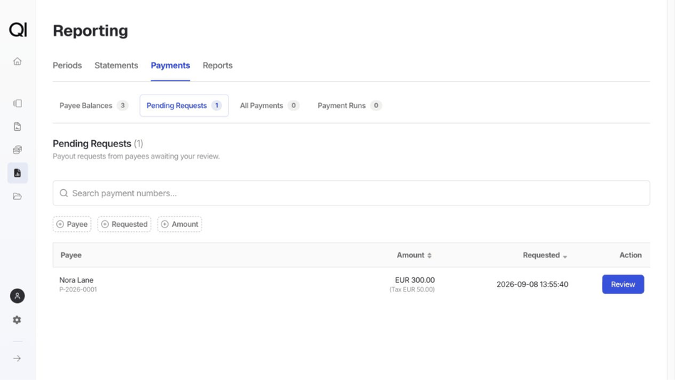 Review Nora Lane's payout request and approve it for a payment run.