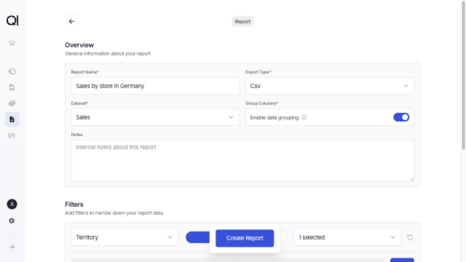 Create a grouped sales report for Germany and download the completed file