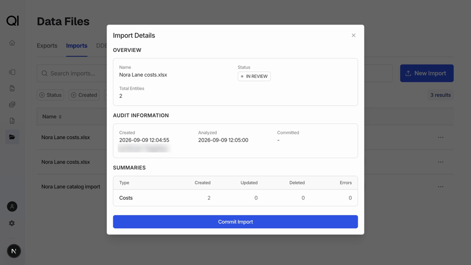 Commit the reviewed import and find both Nora Lane expenses under Income › Costs.