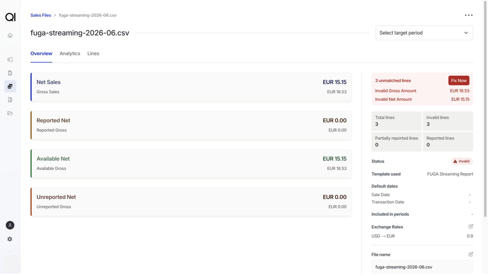 Review a sales file's totals, invalid row count, and exchange rates on Overview.