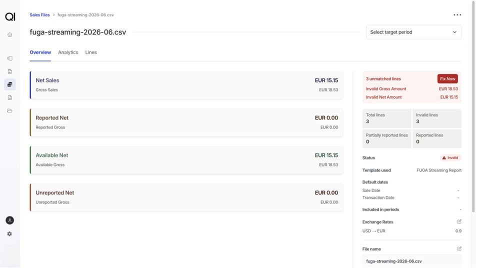 Review a sales file's totals, invalid row count, and exchange rates on Overview.