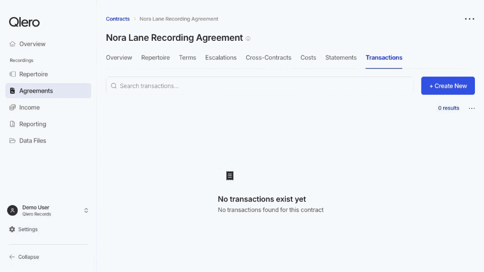 Add a negative EUR 1,000 opening balance from an empty contract's Transactions tab.