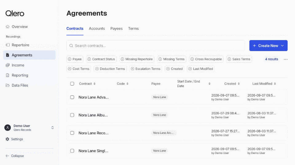 Create a contract with a negative EUR 1,000 opening balance and view the saved transaction.