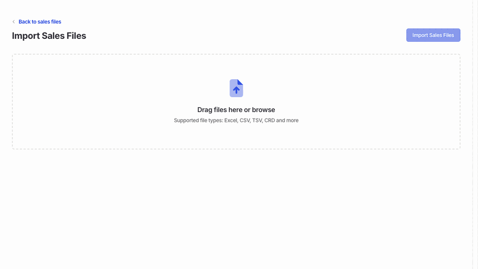 Start the sales-file import, then review its Ready totals and three Valid lines