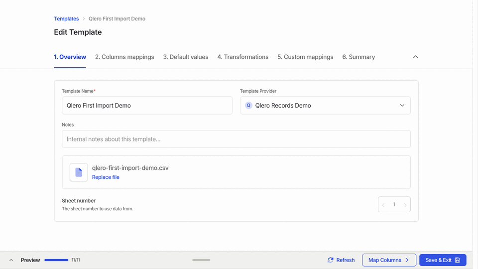 Review a template's column mappings, date formats, custom values, summary, and saved Library entry
