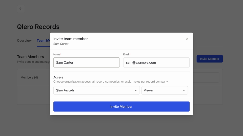 Choose Viewer access to Qlero Records for Sam Carter before sending the invitation