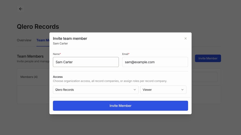 Choose Viewer access to Qlero Records for Sam Carter before sending the invitation