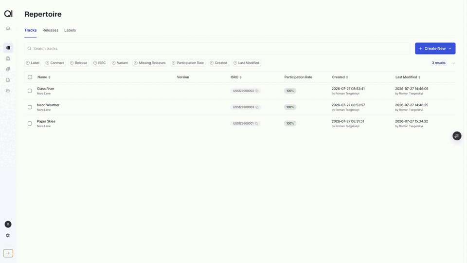 Searching repertoire by artist and ISRC