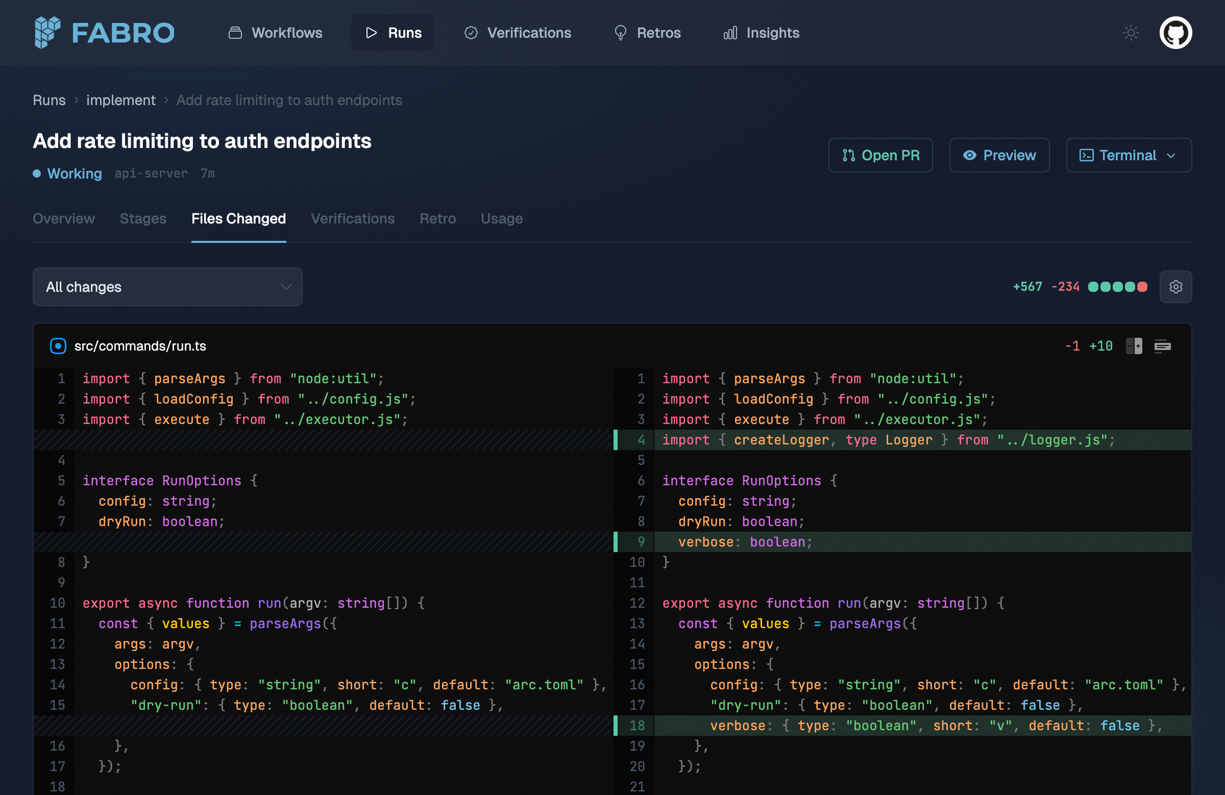 Fabro web UI Files Changed tab showing a side-by-side diff