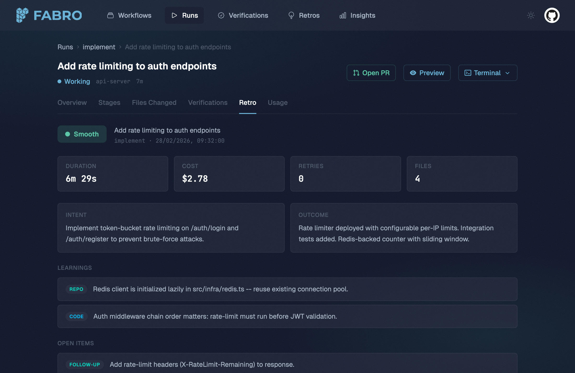 Fabro web UI run retro showing Smooth rating, duration, cost, learnings, and follow-up items