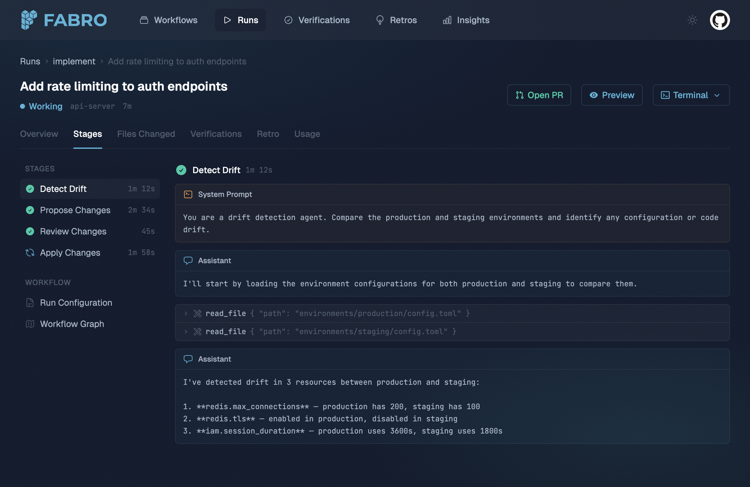 Fabro web UI run stages showing agent conversation with tool calls