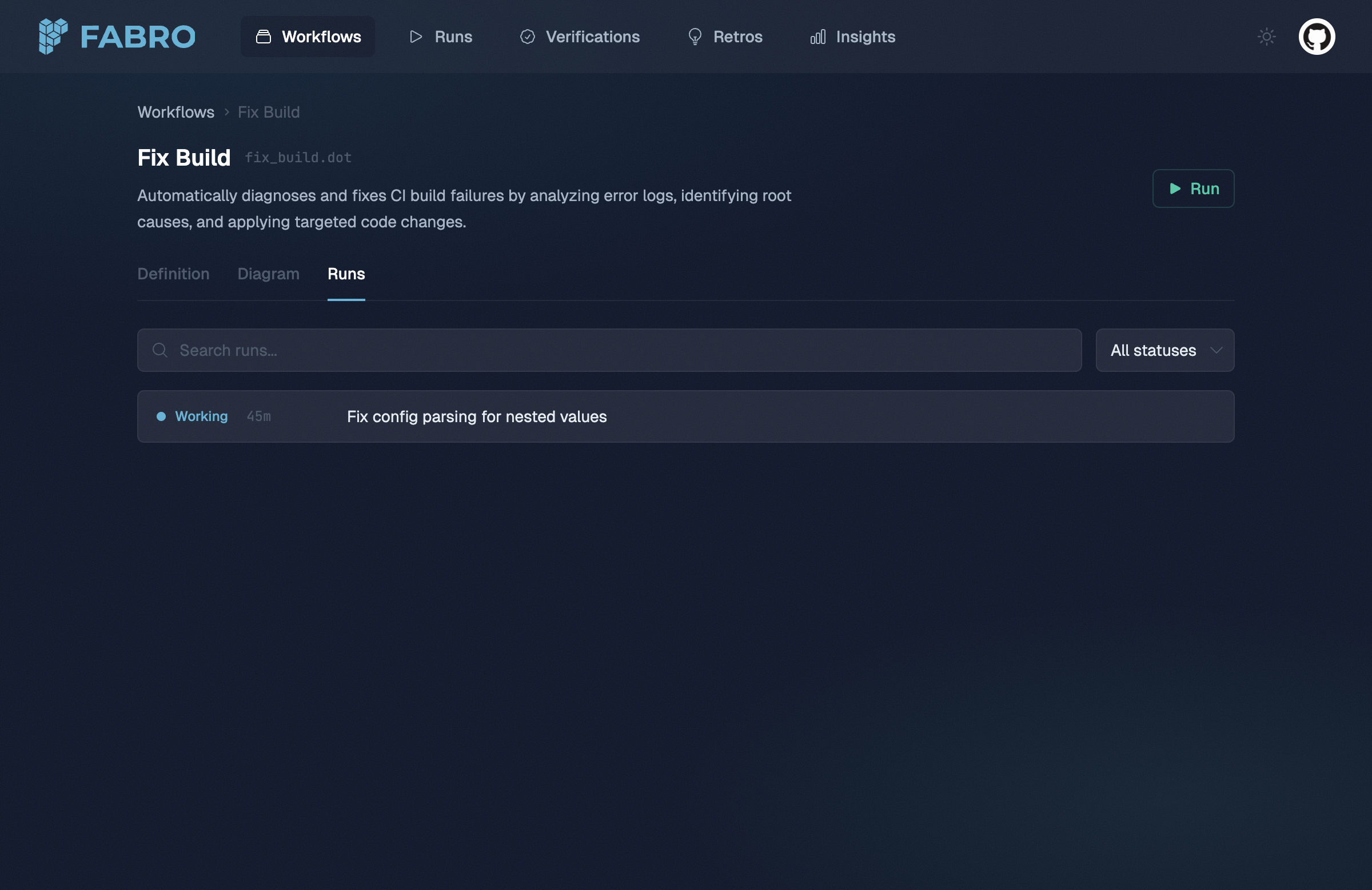 Fabro web UI workflow runs tab showing run history for Fix Build