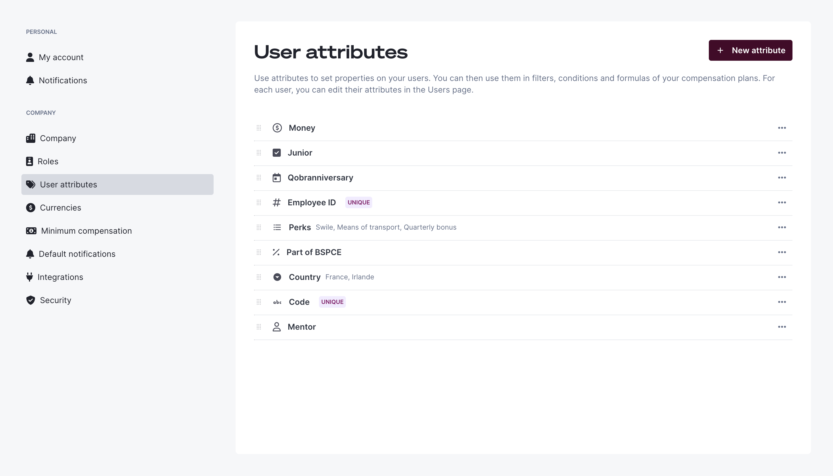 Custom user attributes definition