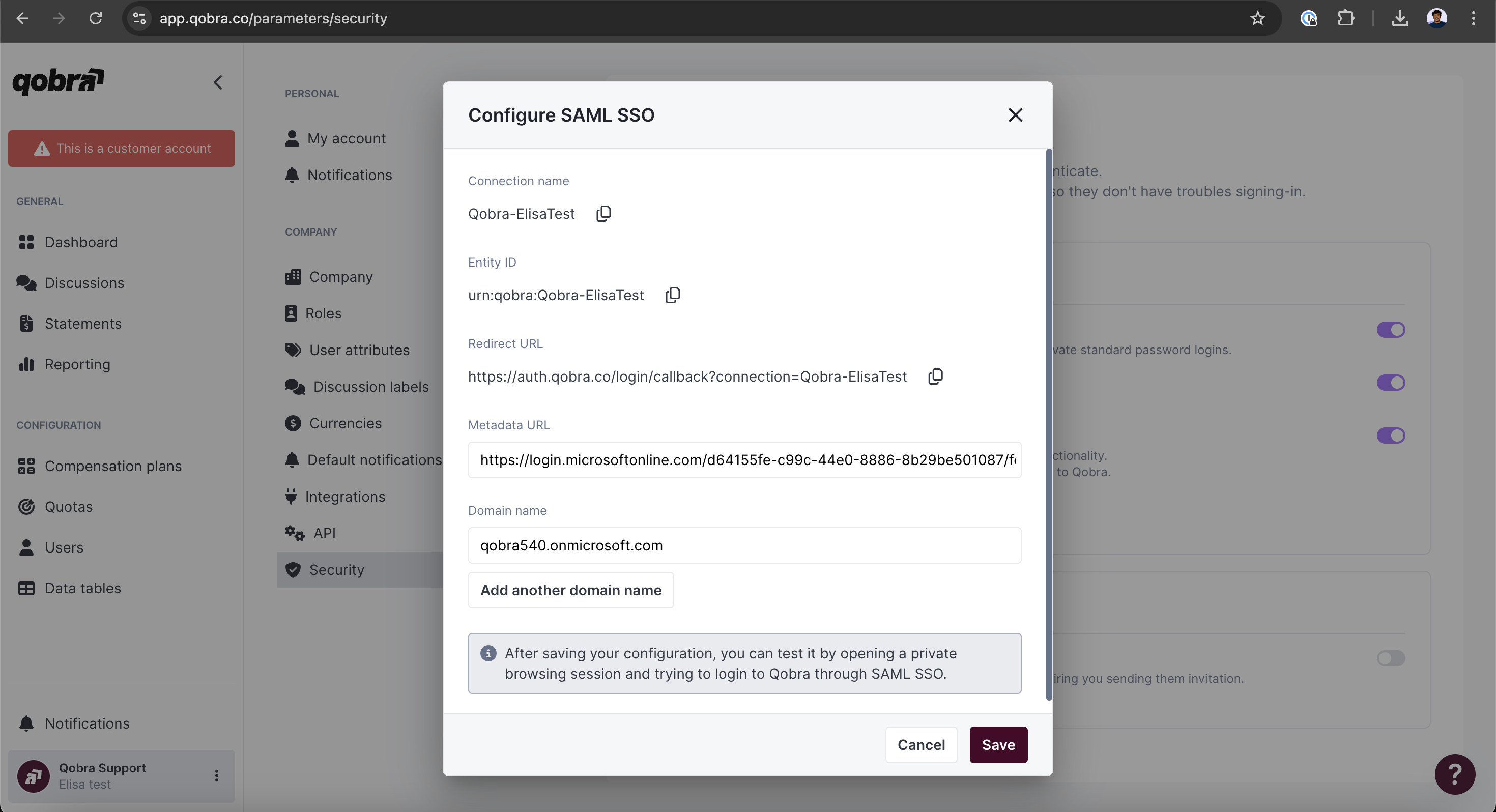 Update Qobra SAML config