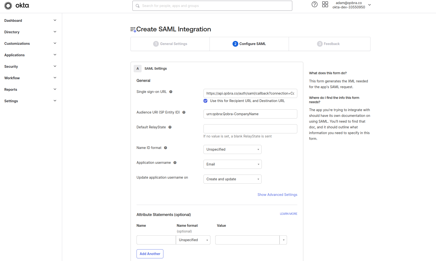 Fill in SAML settings