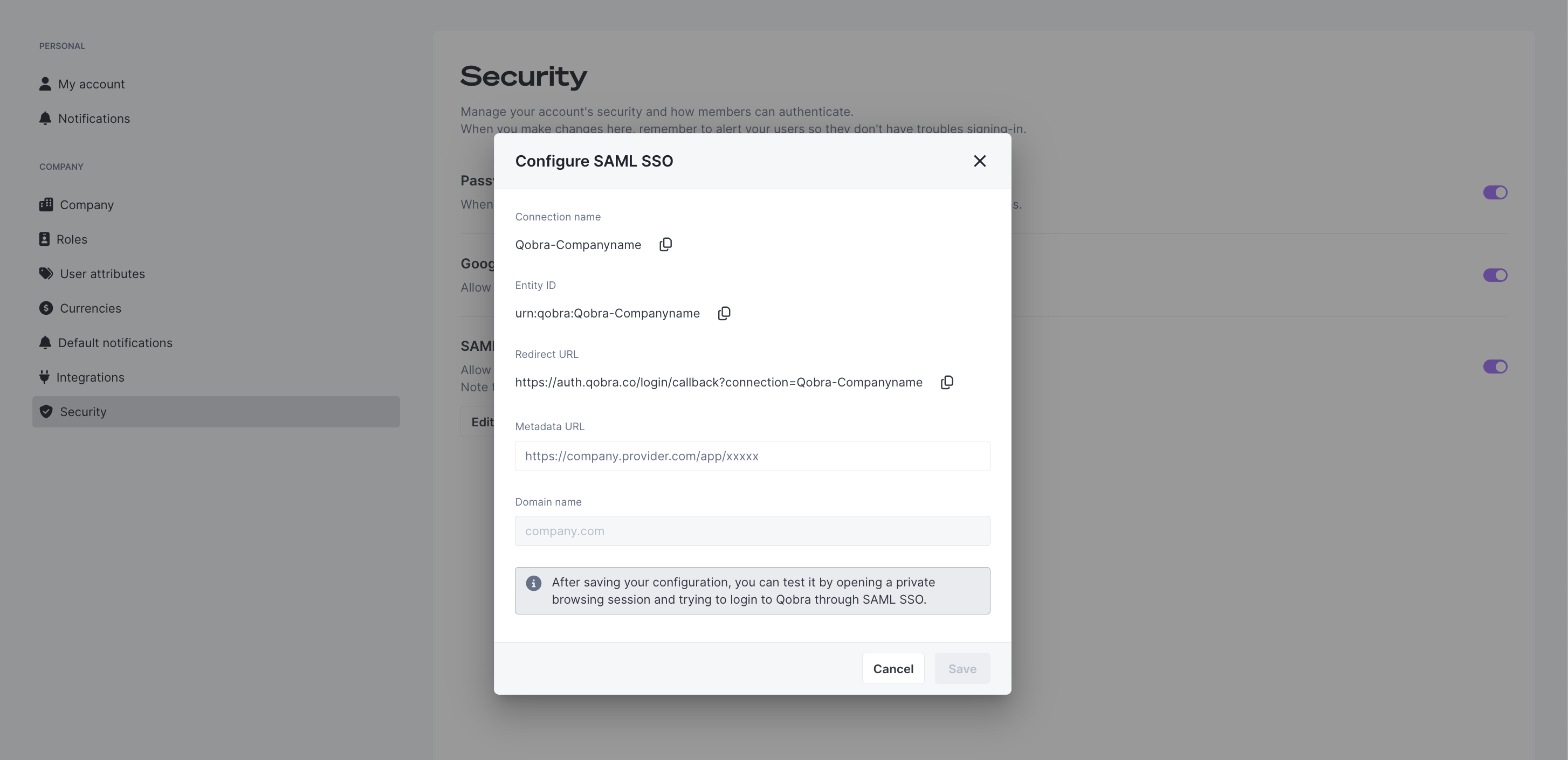 SSO setup dialog