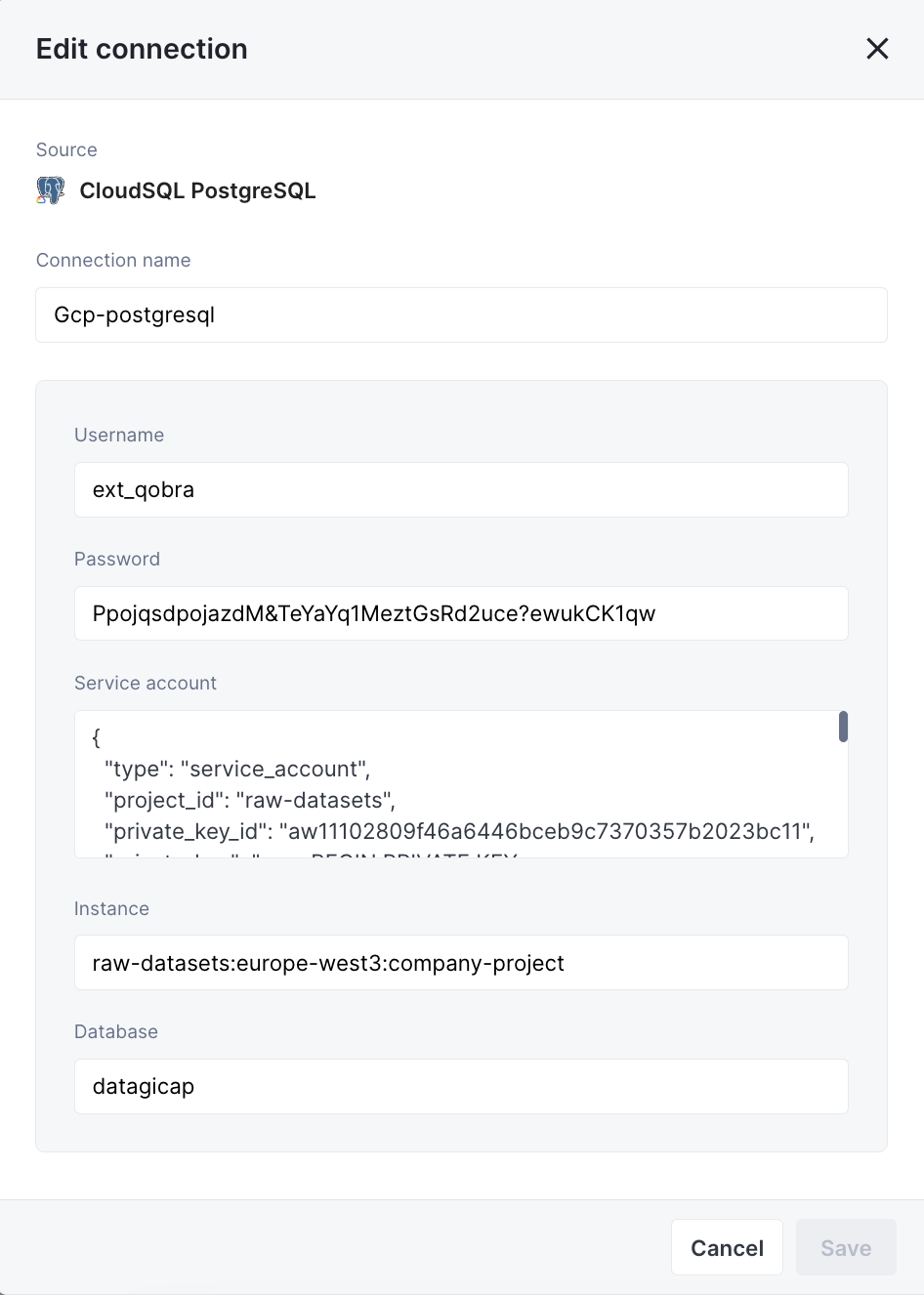 PostgreSQL setup via service account