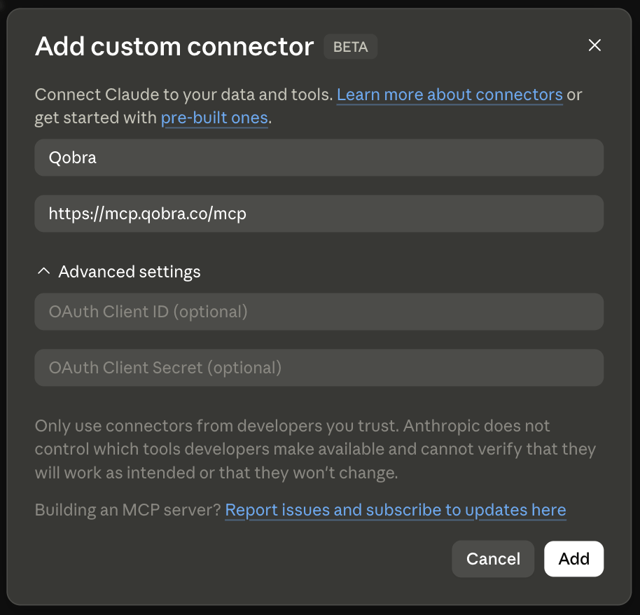 Adding the Qobra MCP server as a custom connector in Claude