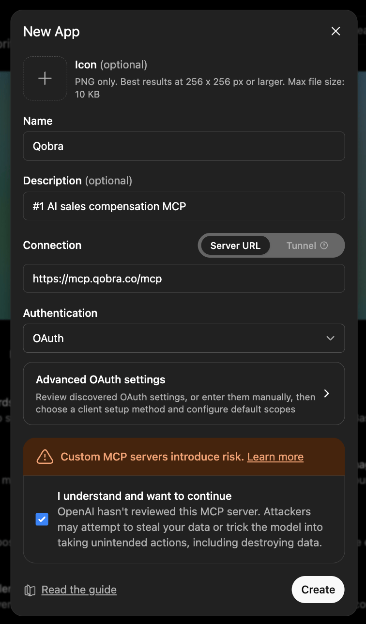 Adding the Qobra MCP server as a custom connector in ChatGPT