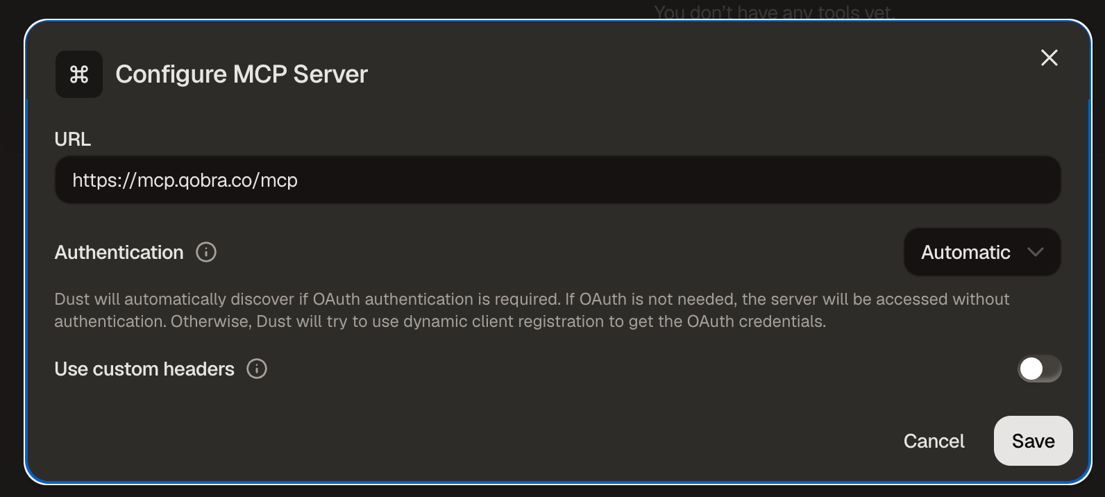 Adding the Qobra MCP server as a remote MCP server in Dust