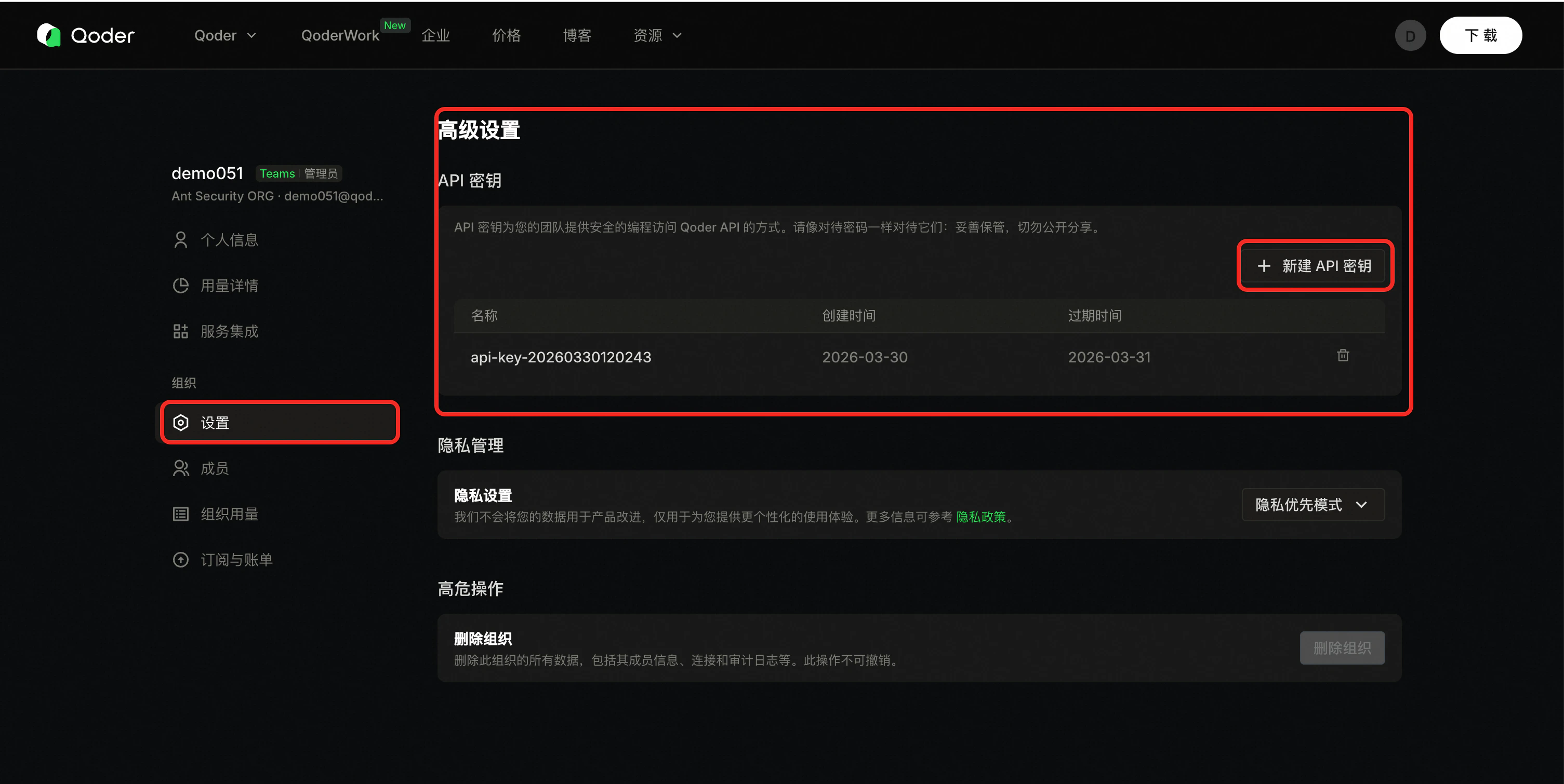 组织设置中的高级与 API 密钥入口