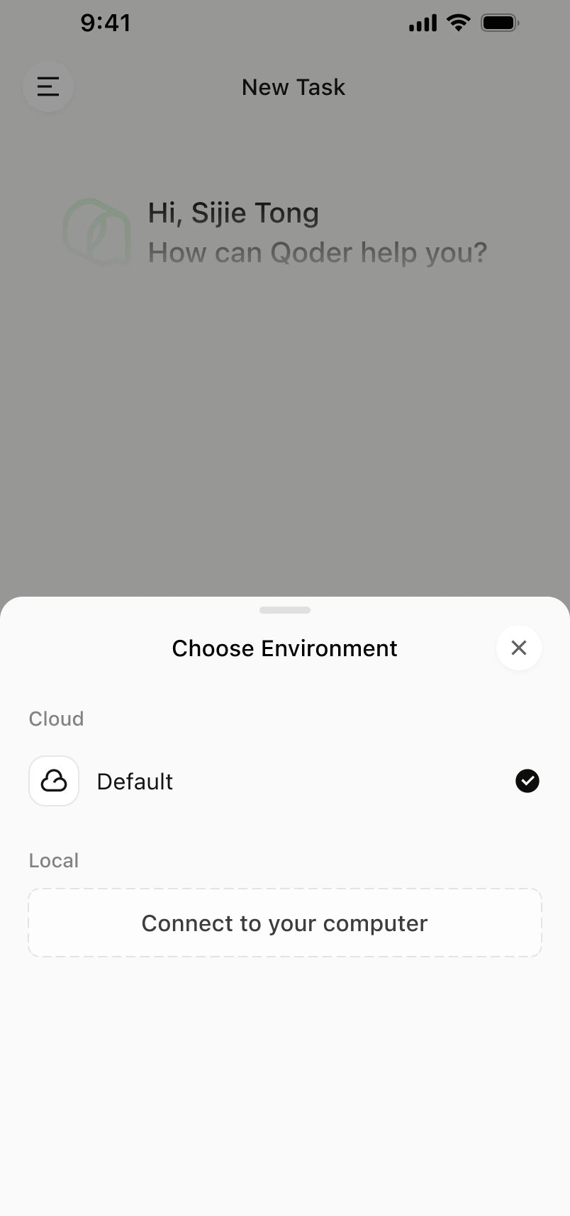 Choose Environment sheet on the mobile app