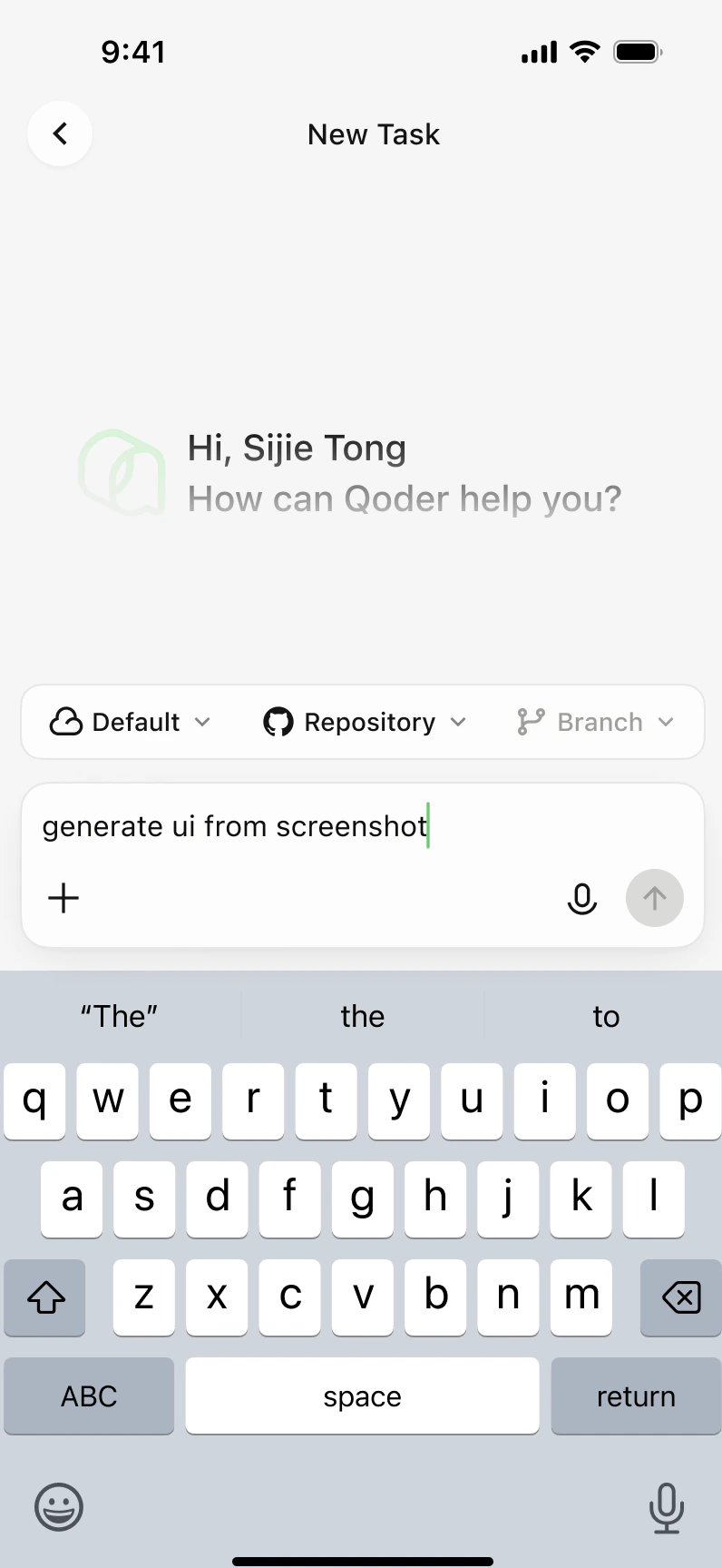 New Task screen on the mobile app with environment, repository, and branch selected