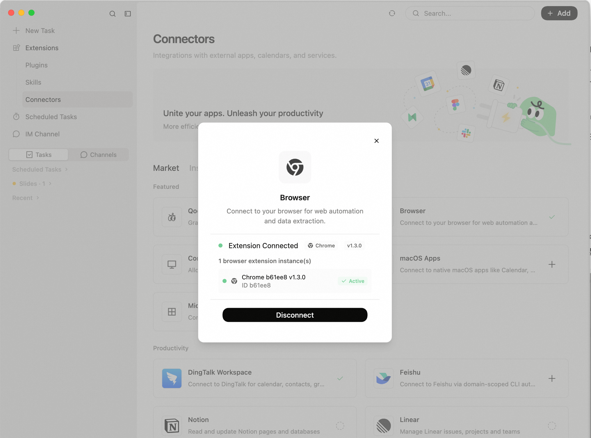 Browser connector dialog showing "Extension Connected" status with Chrome v1.3.0 instance marked as Active