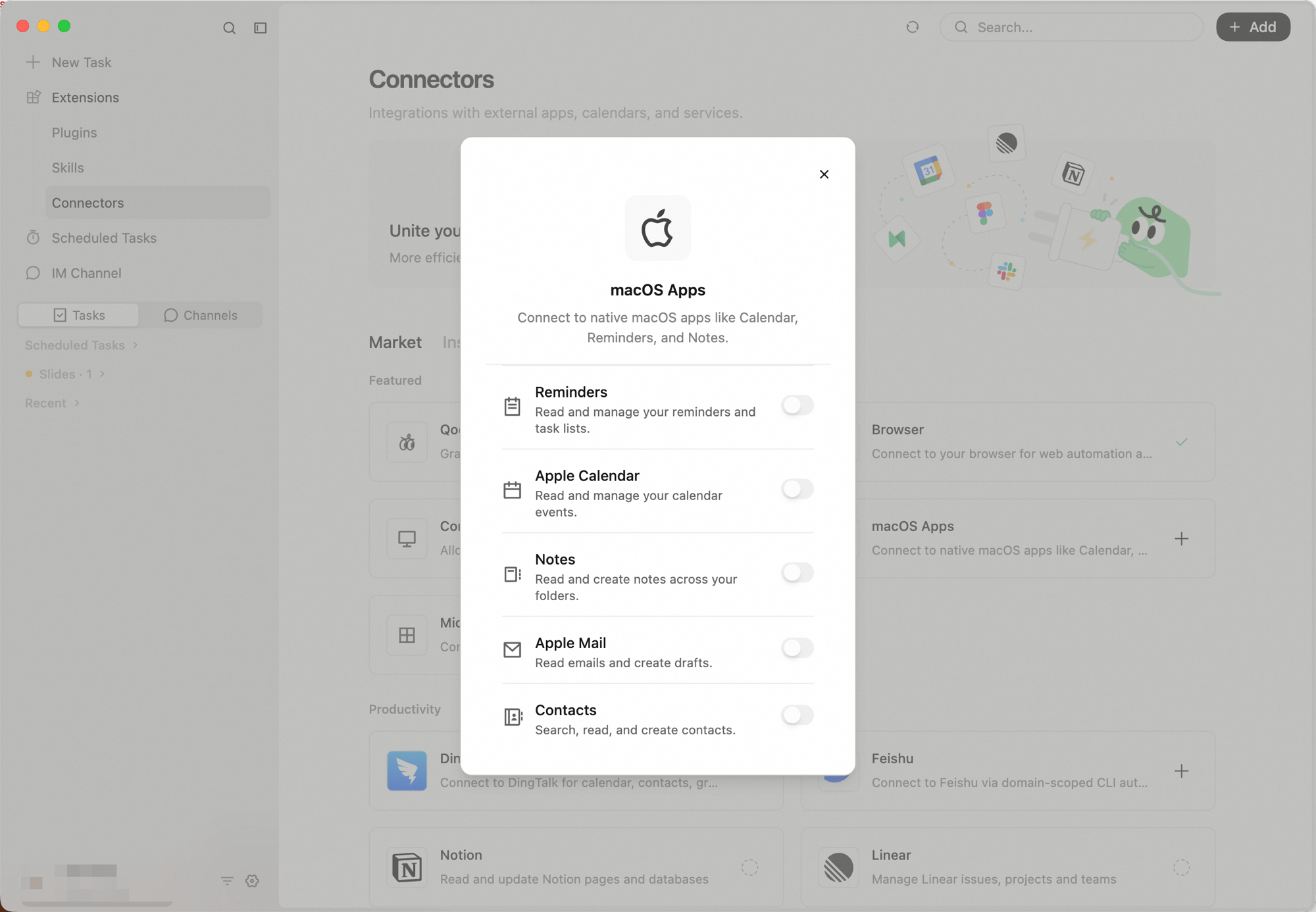 macOS Apps connector dialog showing Reminders, Apple Calendar, Notes, Apple Mail, and Contacts — each with an individual toggle