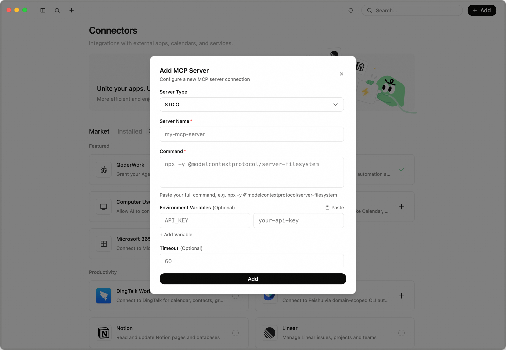 Add MCP Server dialog with Server Type dropdown, Server Name, Command fields, optional Environment Variables and Timeout, and an Add button