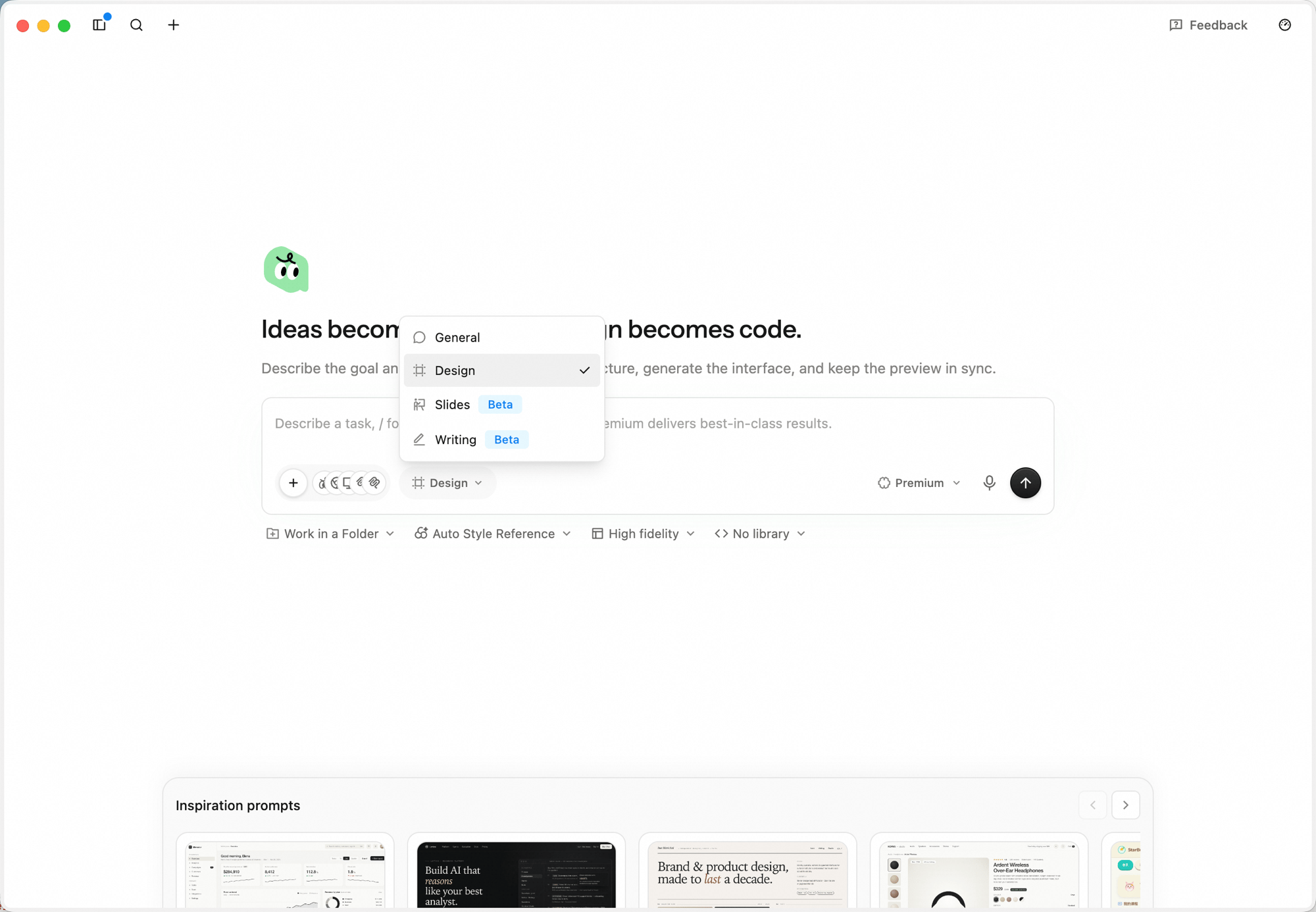 QoderWork ホーム画面:グリーター「Ideas become products. Design becomes code.」とサブタイトル「Describe the goal and QoderWork will plan the structure, generate the interface, and keep the preview in sync.」、入力欄ではワークスペース切替ドロップダウンが開き General / Design(選択中)/ Slides Beta / Writing Beta が並ぶ。入力欄下には Work in a Folder / Auto Style Reference / High fidelity / No library のツールバー
