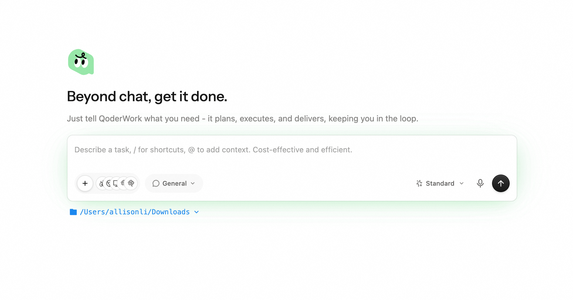 QoderWork empty-state screen with the selected working folder path /Users/allisonli/Downloads shown below the input box