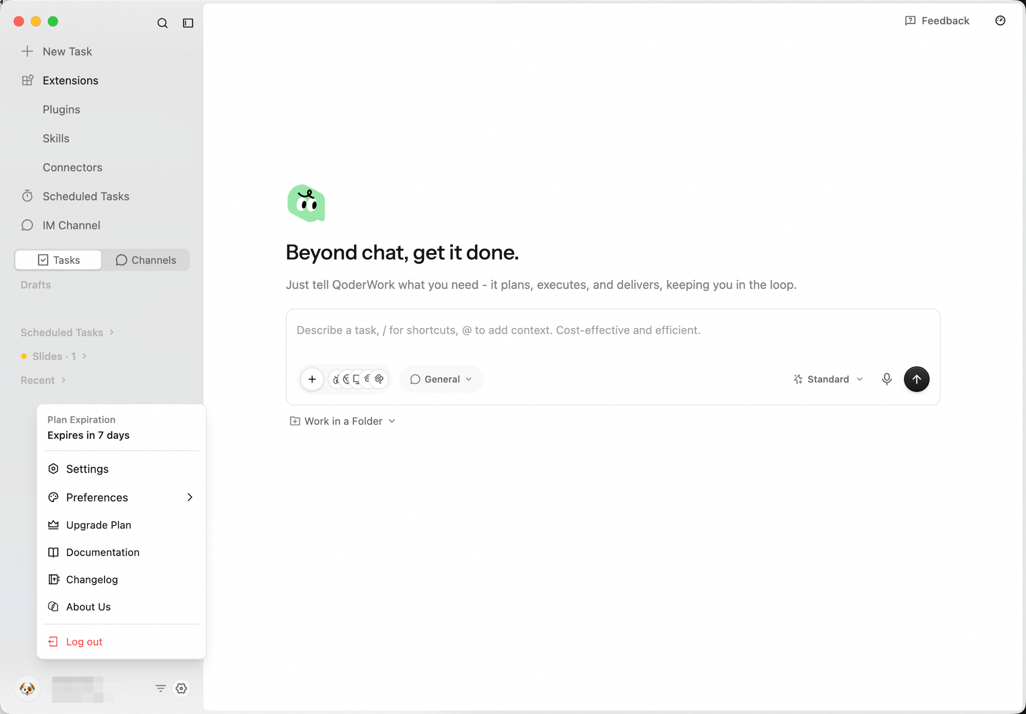アカウントのアバターをクリックして開くポップアップメニュー。Plan Expiration、Settings、Preferences、Upgrade Plan、Documentation、Changelog、About Us、Log out が並ぶ