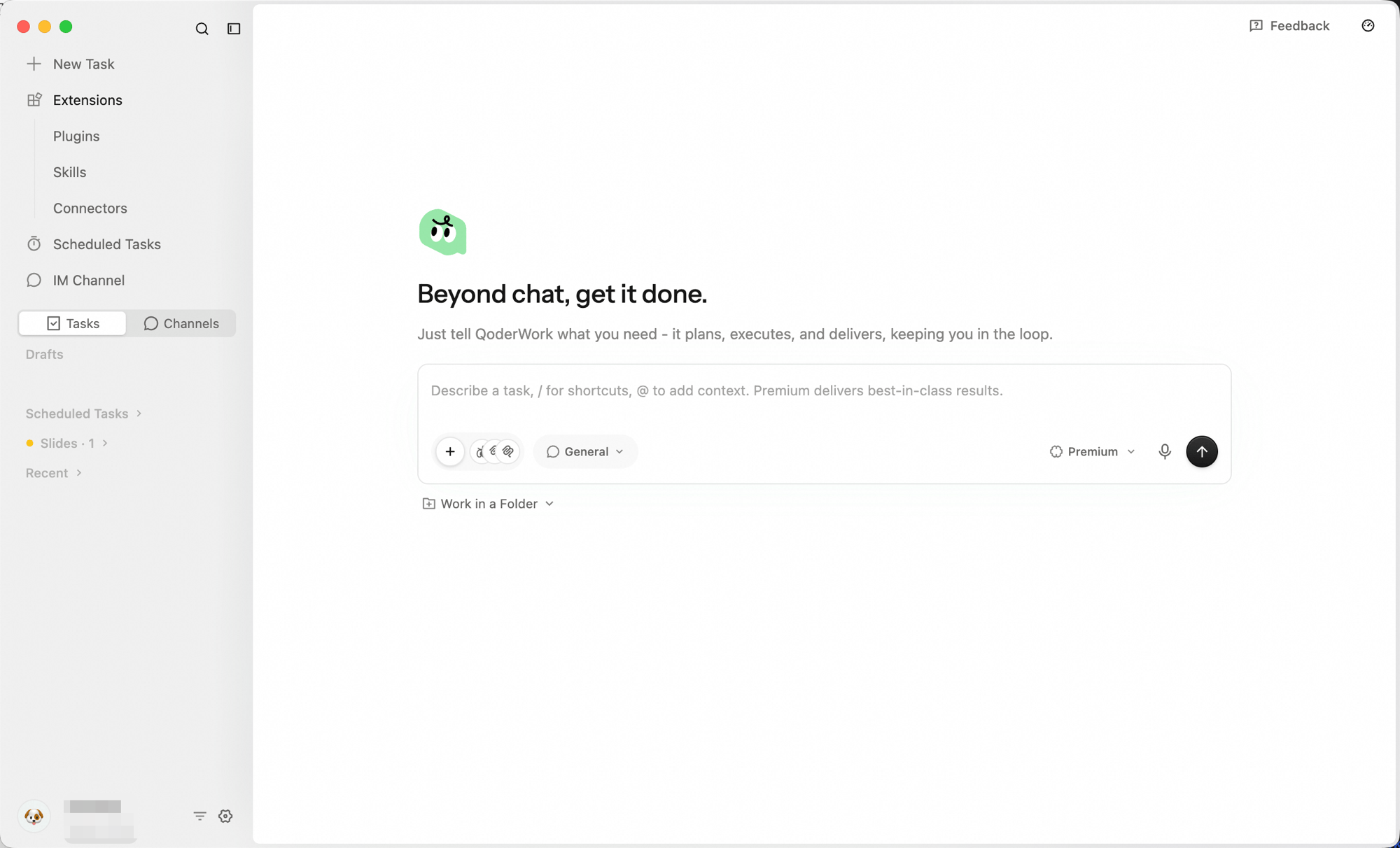 QoderWork sidebar with New Task, Extensions, Plugins, Skills, Connectors