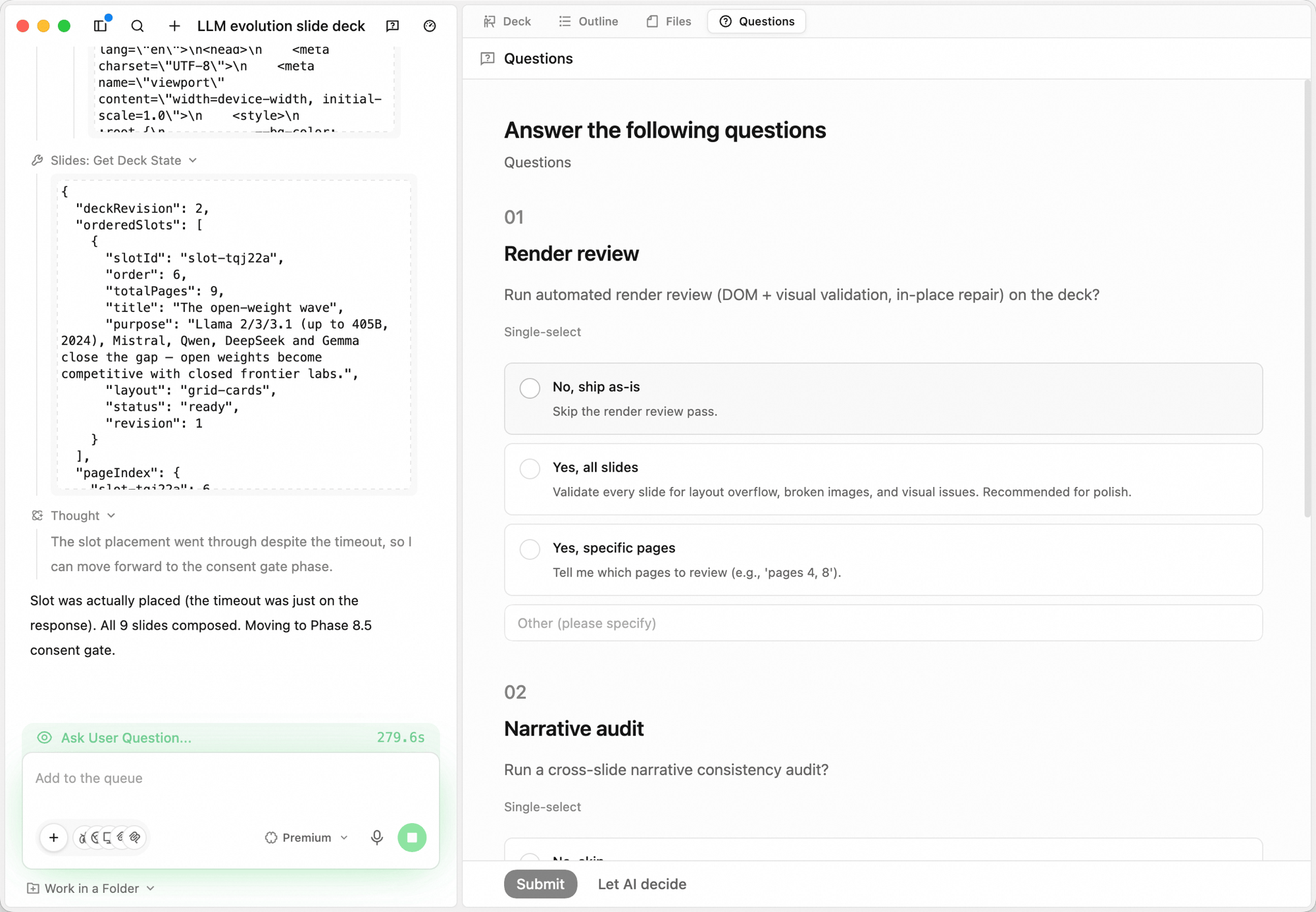Slides task Questions tab "Post-processing options": multi-select with Render review, Narrative audit, and Speaker notes plus an Other free-text field; bottom action bar Submit / Let AI decide