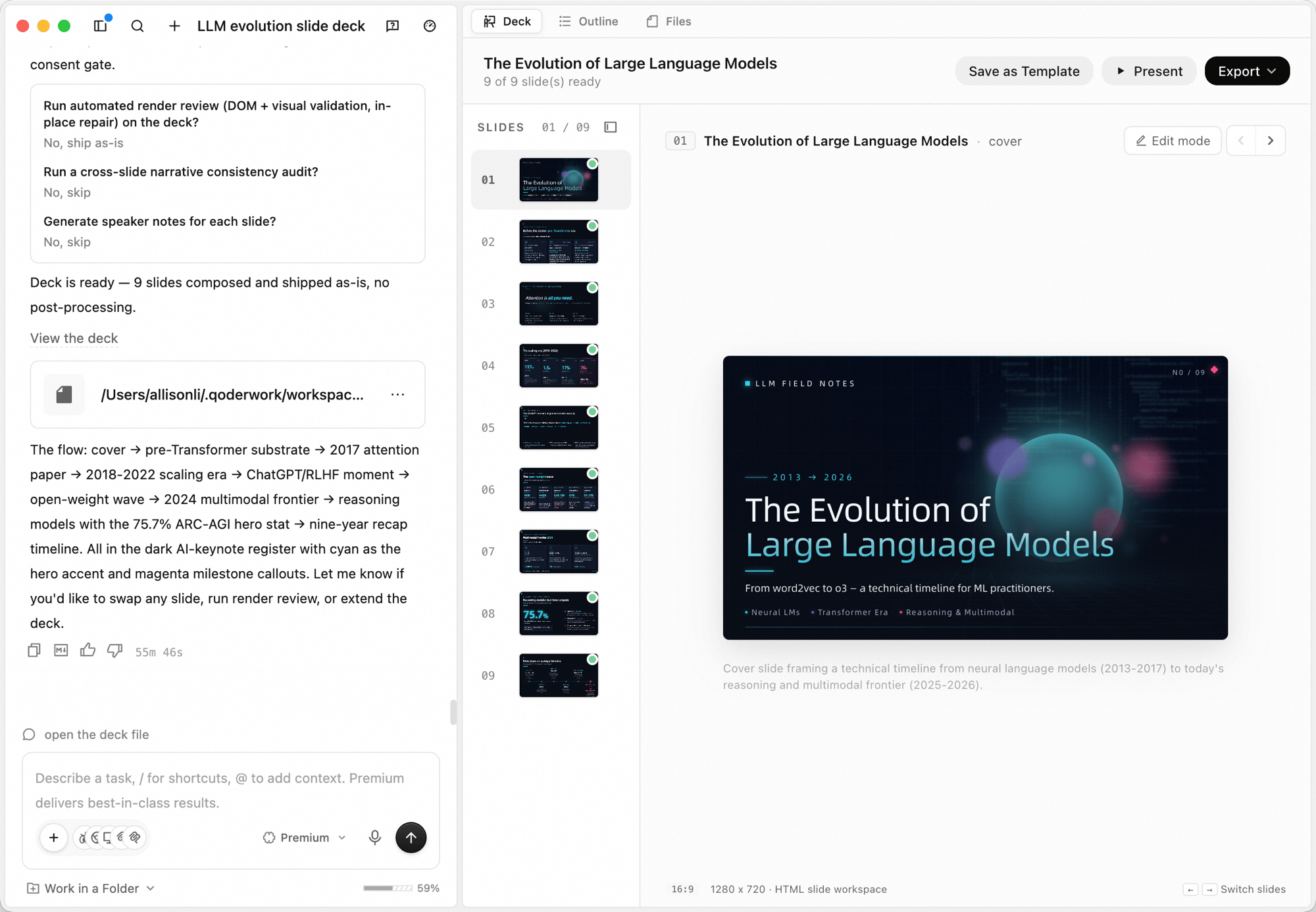 Slides workspace full view: left task panel, center Deck / Outline / Files tab strip with slide thumbnails, right canvas rendering the cover of "The Evolution of Large Language Models" with a dark tech aesthetic; top toolbar shows Save as Template / Present / Export and the header reads "9 of 9 slide(s) ready"