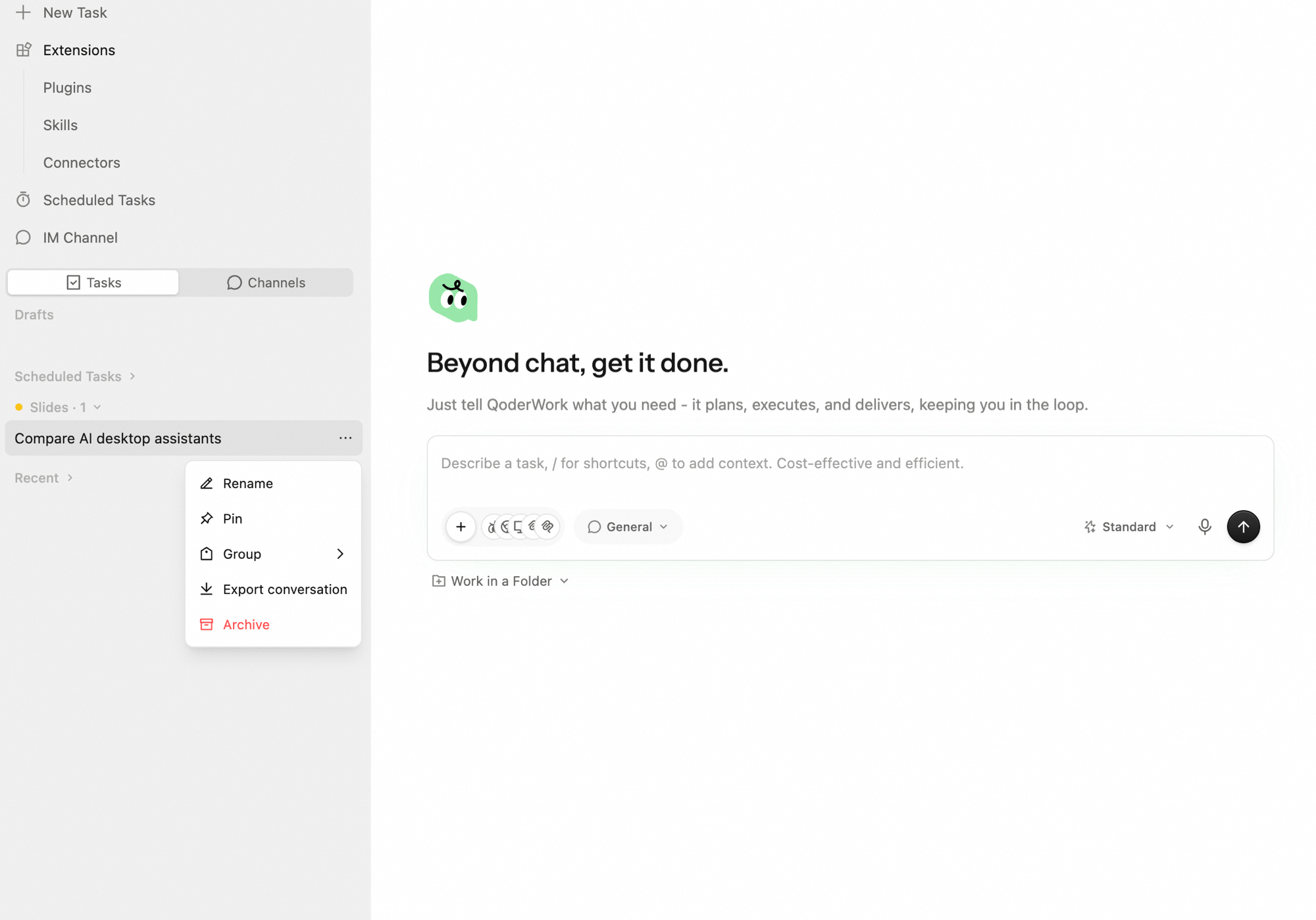 Task card context menu showing Rename, Pin, Group, Export conversation, and Archive — Archive highlighted in red as the destructive action