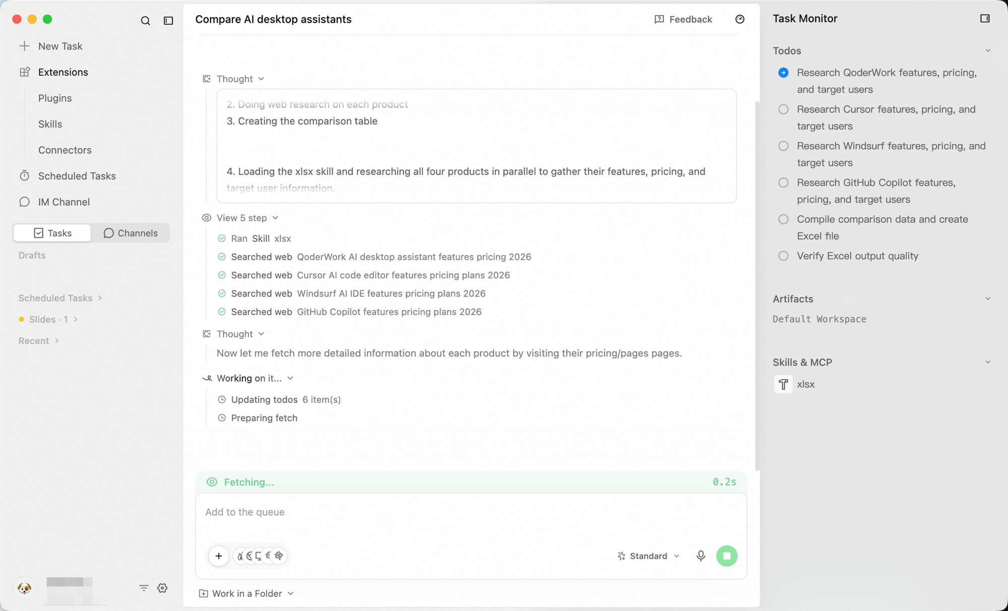 Running task with the streaming conversation in the center and the Task Monitor panel docked on the right, tracking the to-do plan, artifacts, and Skills & MCP in use