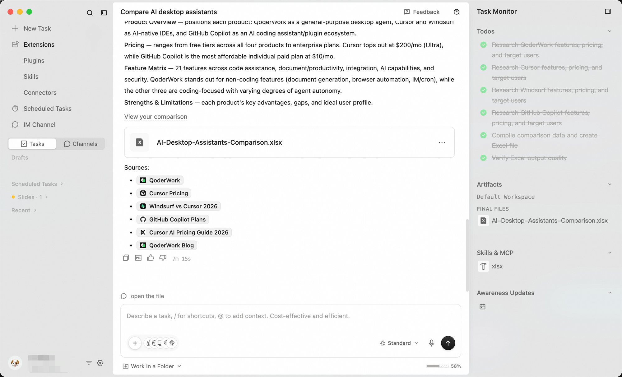 QoderWork main window: the left sidebar organizes tasks into Drafts, Scheduled tasks, Recent, and Groups sections, the center shows the current conversation, the input box sits at the bottom, and the Task Monitor panel docks on the right
