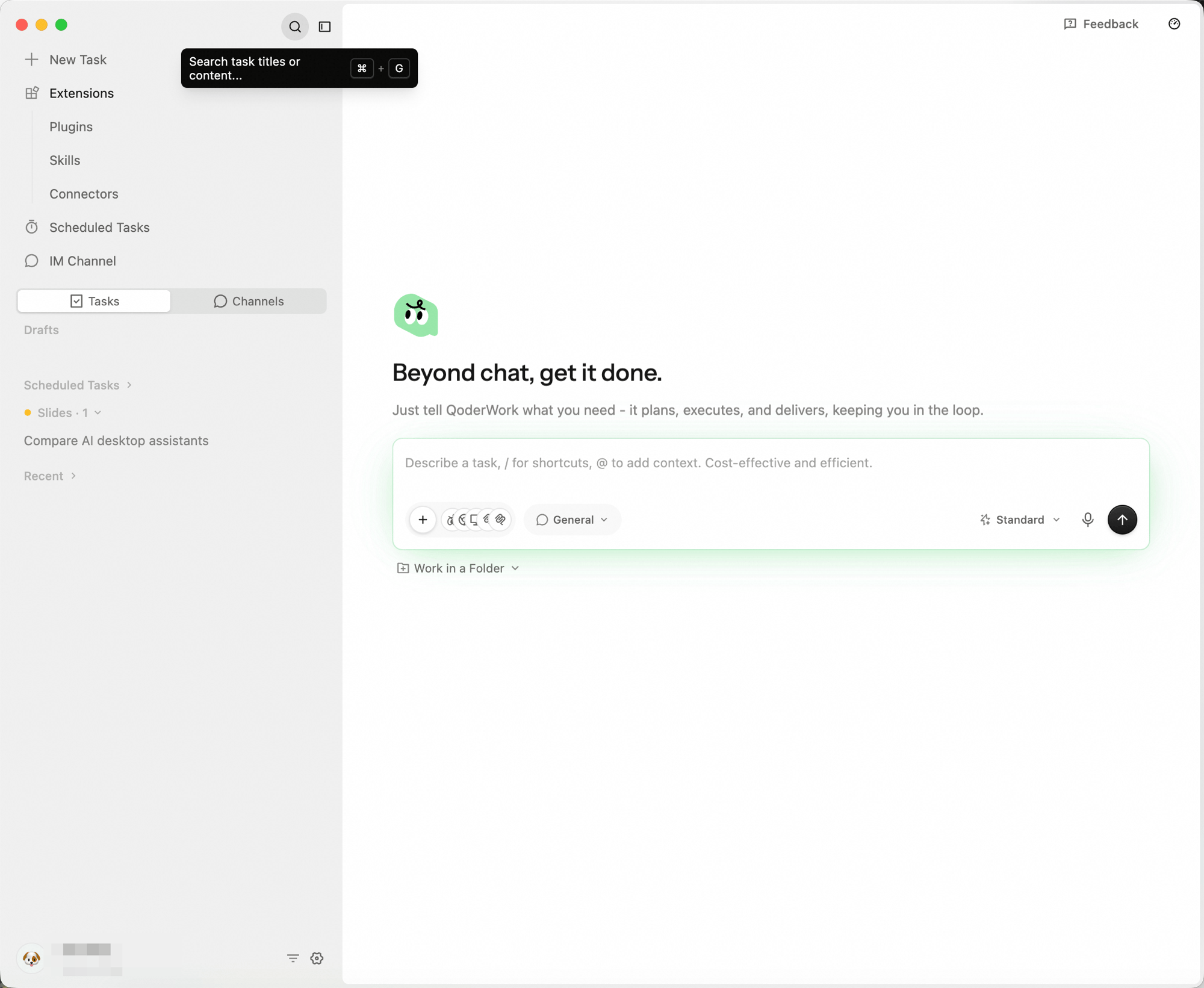 Hover tooltip on the sidebar search icon reading "Search task titles or content…"