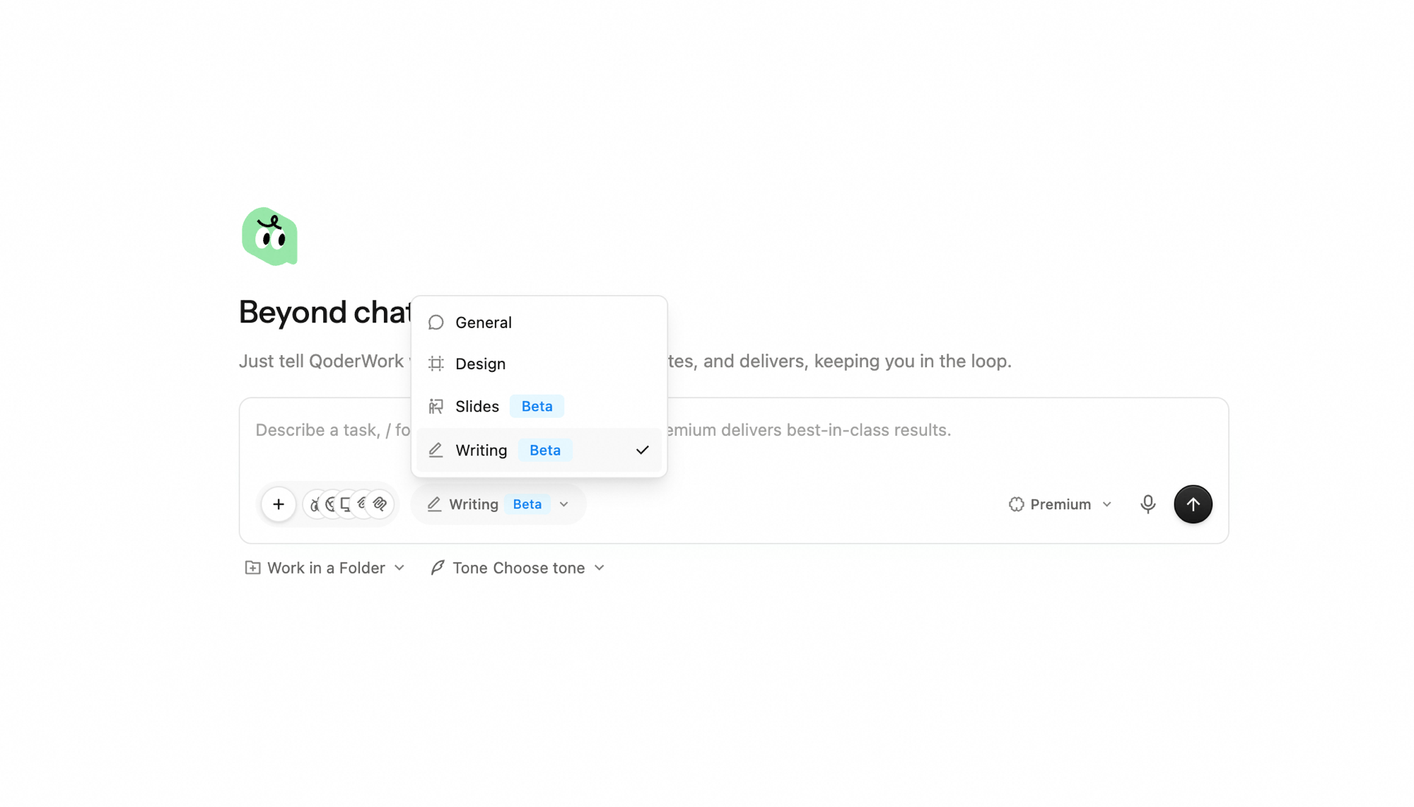 Workspace switcher dropdown opens above the input box listing General / Design / Slides Beta / Writing Beta (checked) — click to switch to the Writing workspace